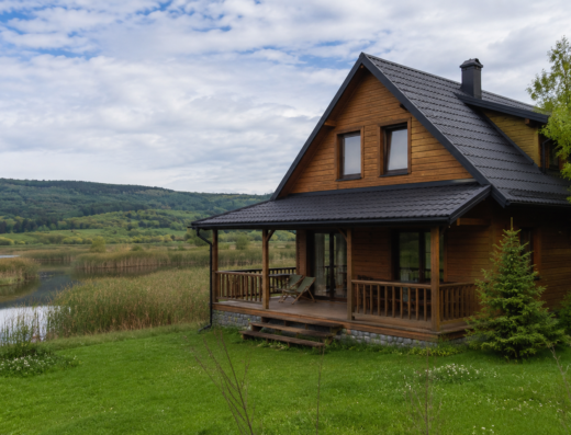 Drewniany domek w górach nad rozlewiskiem